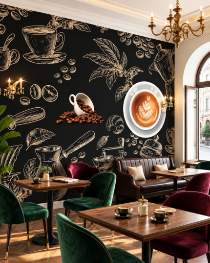 Vintage Coffee House Wallpaper in Black & Gold